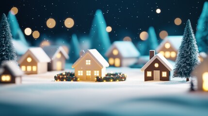 Naklejka premium Magical Winter Wonderland with Snow-Covered Houses and Twinkling Lights in a Cozy Neighborhood Setting