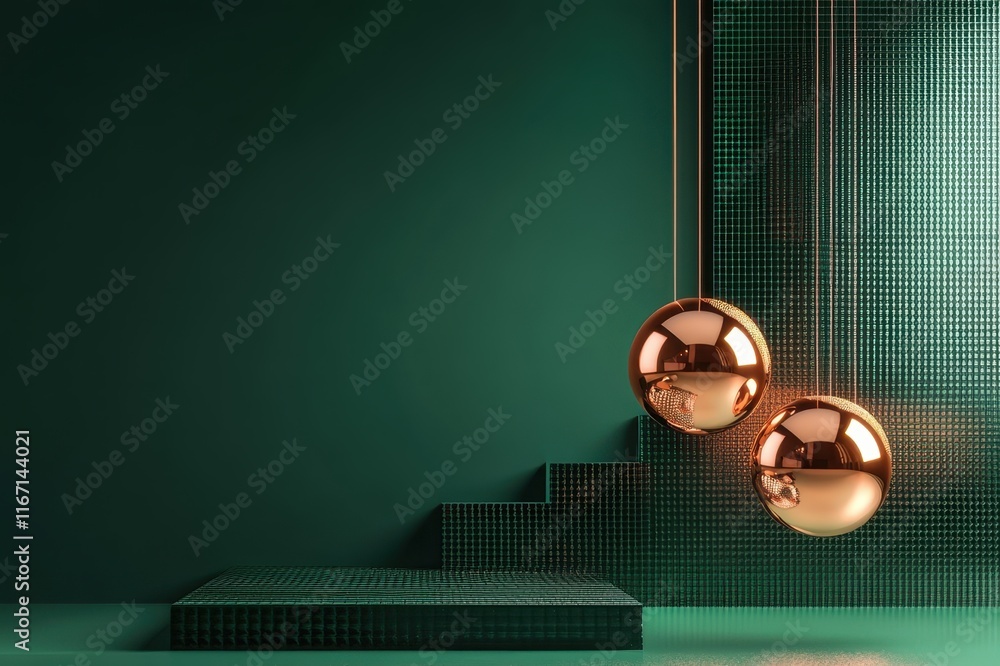 Poster spherical reflections in a modernist setting with green hues and textured surfaces at a design studi