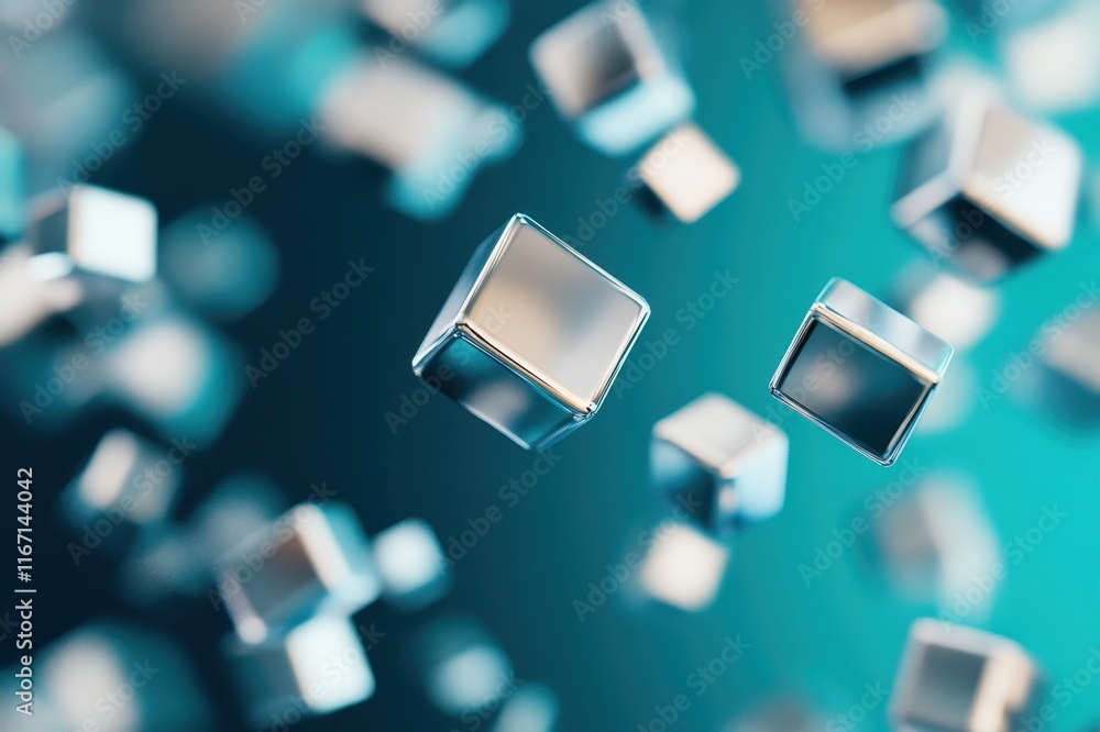 Poster floating metallic cubes create a mesmerizing dance in a shimmering blue environment with ethereal li