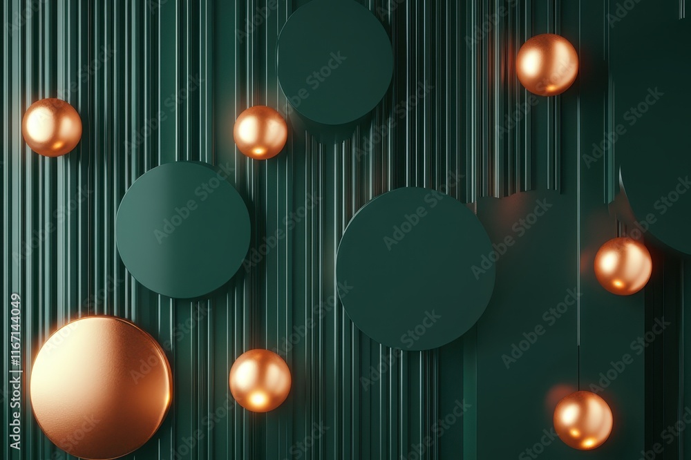 Poster bright orbs and circular shapes create a modern art display against a textured green backdrop. gener
