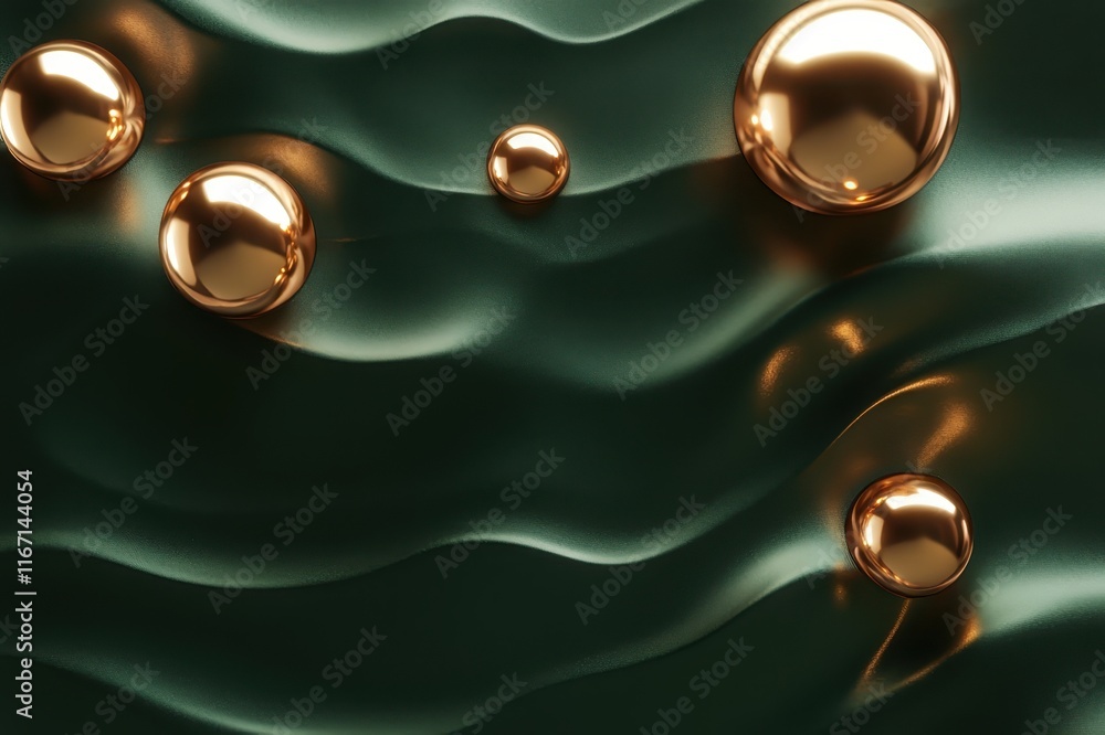 Poster shimmering golden spheres dance over undulating green waves in a mesmerizing abstract composition. g