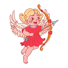Cute cupid with bow and arrow. Cherub with blonde curly hair and pink dress. Happy Valentine's day doodle character. Amour Baby Angel. God of love, Amor on white background. Vector flat illustration.