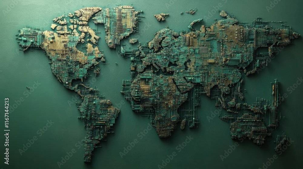 Poster intricate world map made from circuit board elements showcases technology's influence on global conn