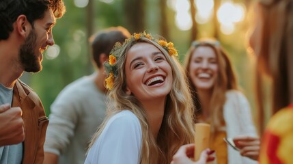 A vibrant group of friends enjoys a lively moment in a lush forest during sunset. Laughter fills the air as they share stories, dressed in boho style, with nature all around them