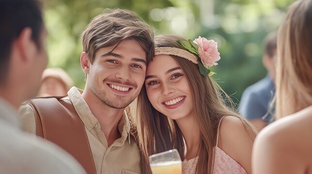 A charming couple smiles brightly while enjoying a sunny outdoor event. Surrounded by friends, they embody a carefree bohemian spirit with stylish accessories and warm connections