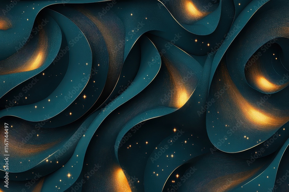 Poster intricate patterns of swirling waves illuminated by soft golden sparks in deep teal tones. generativ