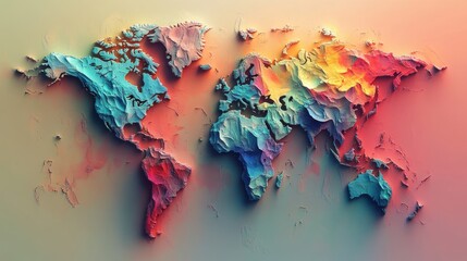 Creative depiction of a textured world map showcasing vibrant colors and artistic details crafted with a 3D effect