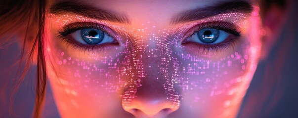 Futuristic Cyberpunk Portrait of a Woman with Digital Data Overlay Representing AI and Automation in Business Efficiency