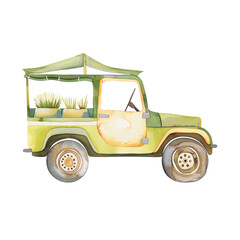 Watercolor cute vintage green Safari car clip art element illustration 