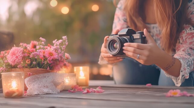 In a serene outdoor space, hands elegantly adjust a vintage camera while soft light flickers from candles