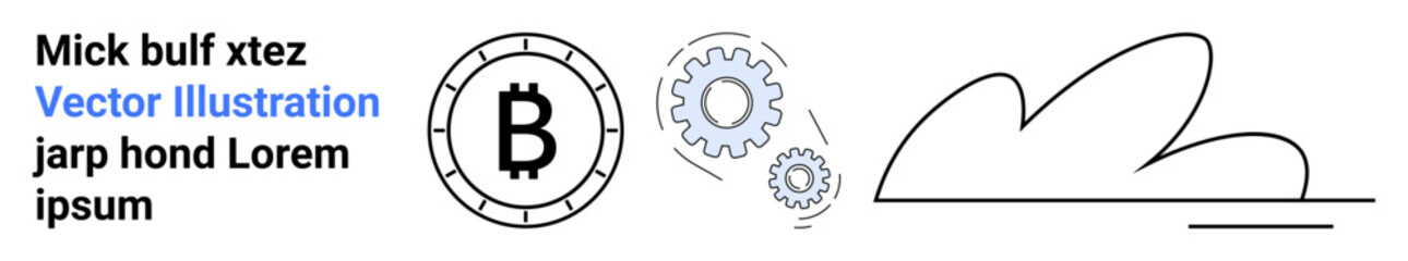 Bitcoin symbol with circular border, two interlocking gears with blue highlights, abstract cloud line art drawing. Ideal for technology, cryptocurrency, blockchain, financial services, innovation