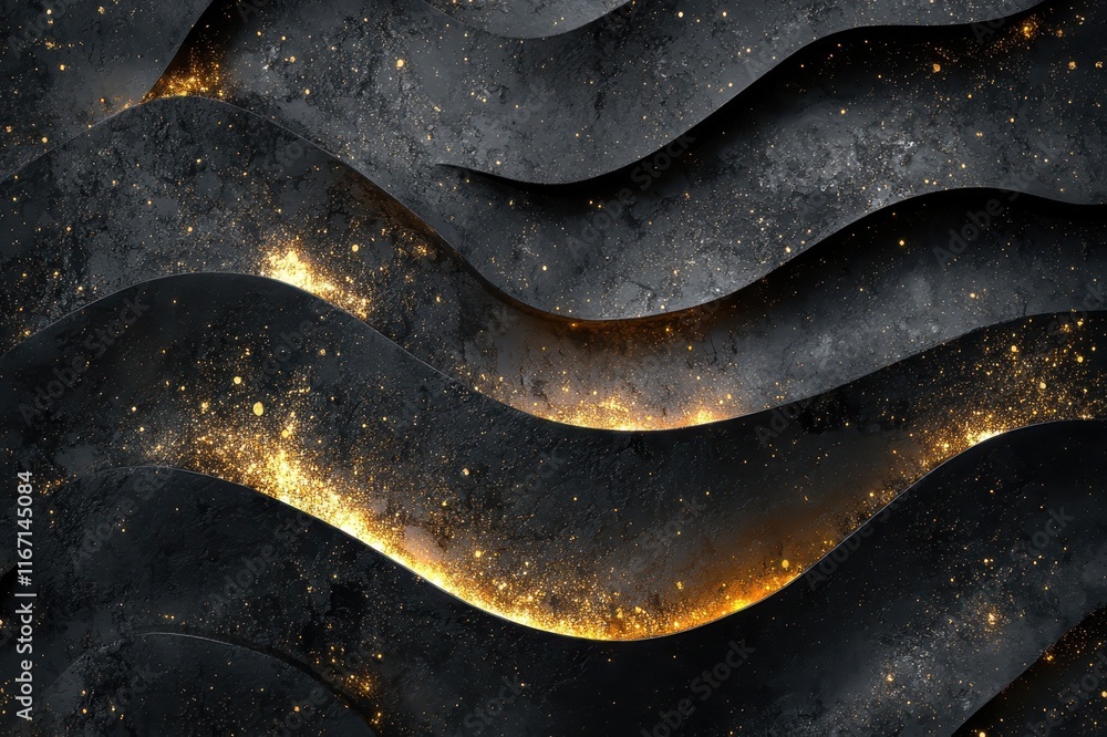 Poster elegant abstract design with flowing waves and shimmering golden accents illuminating the dark textu