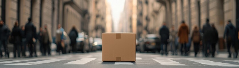Cardboard Box in Urban Street Scene with Pedestrians and Vehicles in Background