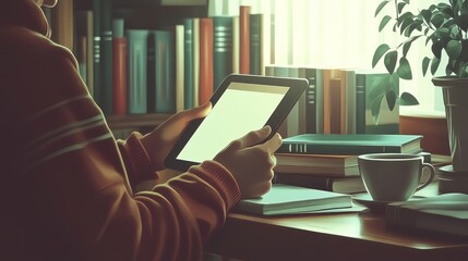 Person using tablet at desk with books.