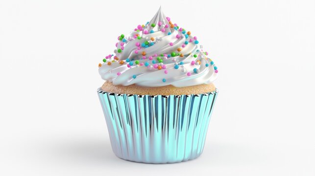Reflective Chrominium Y2K Cupcake Icon with Colorful Sprinkles and Exaggerated Frosting Detail on Isolated Background