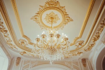 Luminous chandelier enhances the grandeur of an intricately designed ceiling in a historic ballroom setting. Generative AI