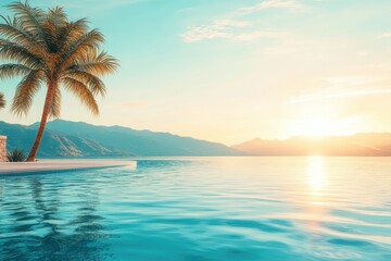 Evening tranquility by the pool with palm trees and stunning mountain views during sunset. Generative AI