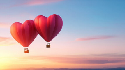 Fototapeta premium Valentine day concept. Heart shaped hot air balloons floating in serene sunset sky