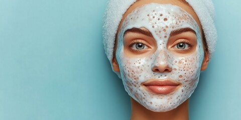 Fototapeta premium A woman relaxes while applying a cleansing facial mask that bubbles on her skin, showcasing her clear eyes and peaceful expression against a light blue backdrop