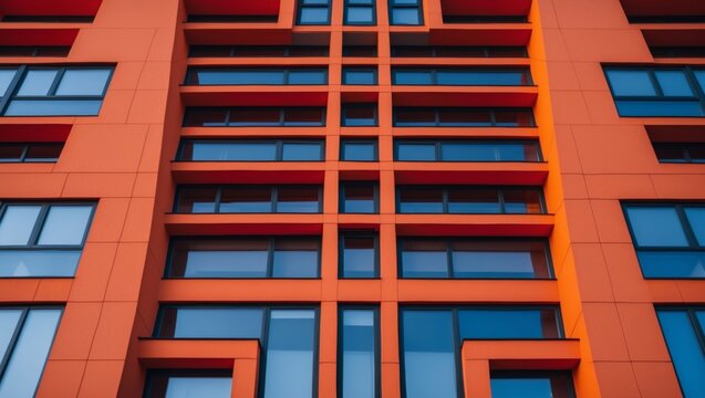 The image showcases the architectural details of a modern building's exterior featuring a vibrant orange facade. The building presents a symmetrical pattern of rectangular windows that are evenly