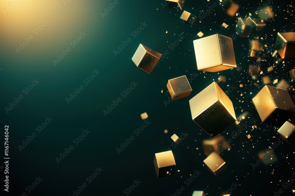 Poster floating golden cubes illuminated by soft light create a mesmerizing visual experience in a darkened