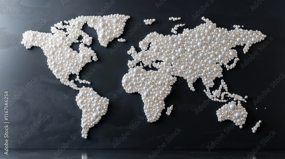 Poster artful representation of the world map created with elegant pearl formations on a dark background