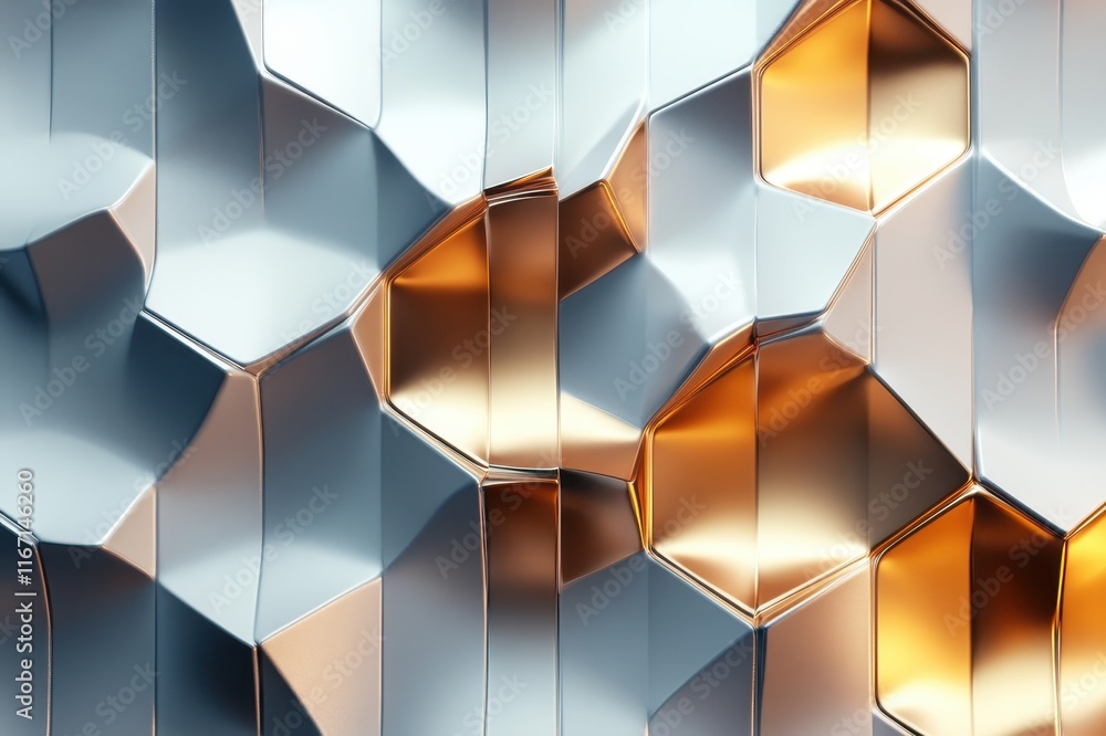 Poster reflective honeycomb patterns created by a blend of silver and gold tones in an abstract design. gen