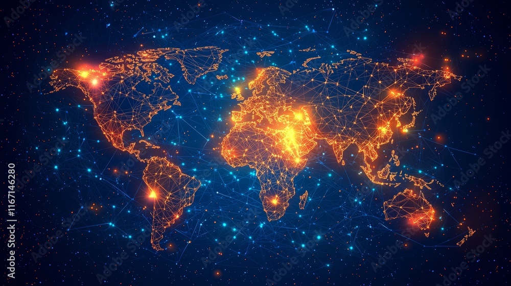Poster illuminated global network map with vibrant connections and nodes
