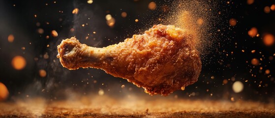 Crispy fried chicken leg suspended in the air dramatic lighting vibrant seasoning particles surrounding it emphasizing mouthwatering appeal and bold composition
