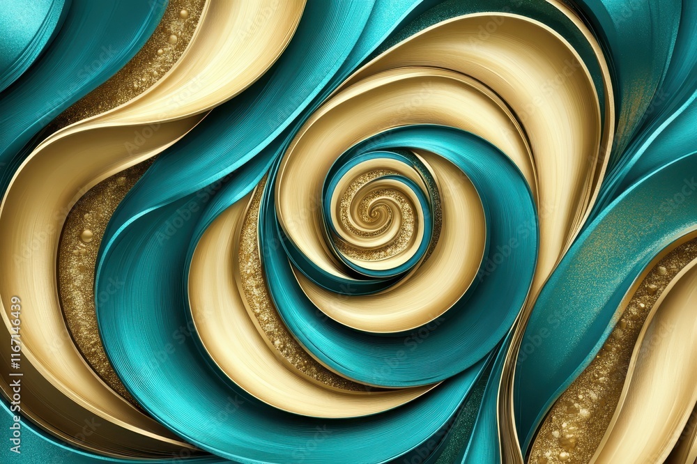 Poster swirling patterns of golden and teal create a mesmerizing abstract design with a touch of elegance a