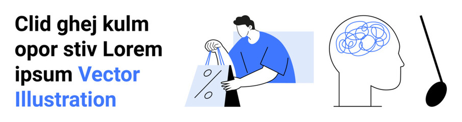 Man holding shopping bags with percentage sign. Side view of a human head with a complex brain illustration. Simple spoon icon. Ideal for retail, marketing, health, psychology, consumption