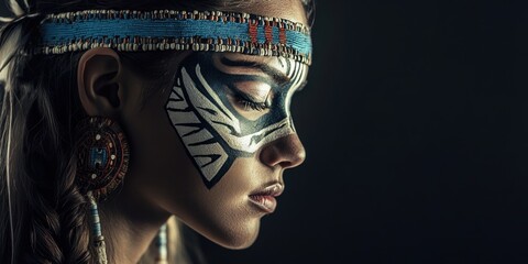 A woman showcases intricate tribal face paint and earrings, displaying cultural heritage against a dark backdrop. The focus highlights her profile beautifully
