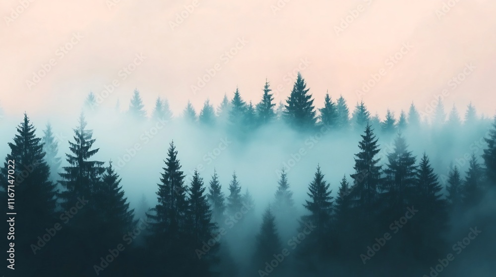 Poster misty forest landscape with soft colors and ample text space