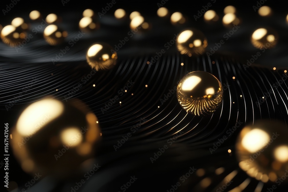 Poster golden spheres gracefully dancing across a textured landscape of dark waves, creating a mesmerizing 