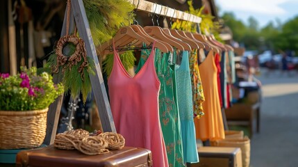 Vibrant boho dresses hang beautifully at a vintage market stand, surrounded by natural elements and cheerful flowers. This stylish setup invites passersby to embrace a bohemian lifestyle