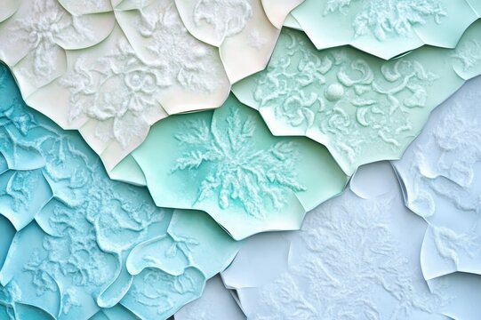 Intricate patterns of soft, cool colors create a mesmerizing winter wonderland effect in textured design. Generative AI