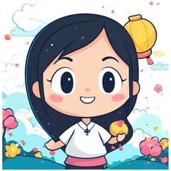 Fototapeta premium Cheerful Young Girl in Traditional Outfit Enjoying Spring Festival with Lantern and Vibrant Floral Background in Colorful Cartoon Style Art