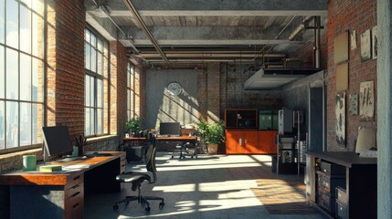 Sunlit Industrial Loft Office Space: Modern Workspace Design with Exposed Brick and Large Windows