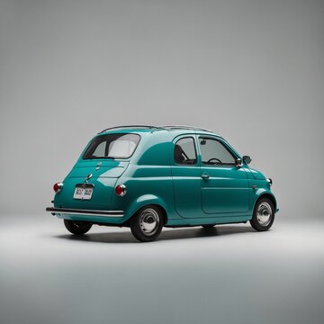 "A teal microcar with round edges on a clean white background."