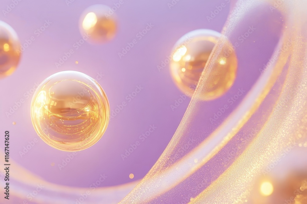 Poster golden bubbles float gracefully in a soft purple ambiance, creating a dreamlike atmosphere filled wi