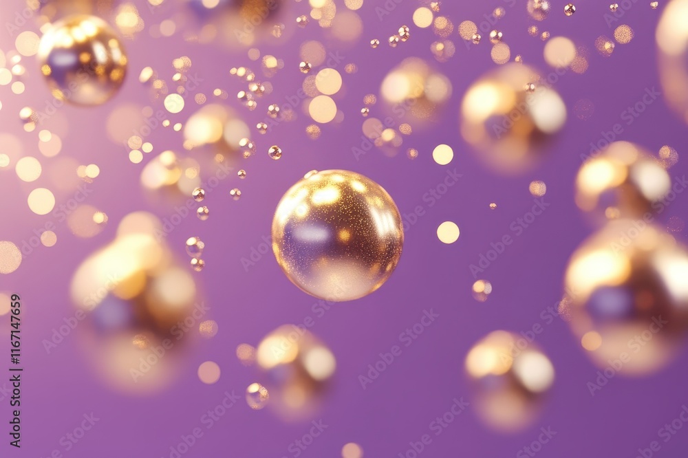 Poster floating golden spheres create a mesmerizing atmosphere with shimmering reflections against a soft p