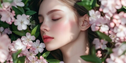 Fototapeta premium A young woman with closed eyes is lying among pink blossoms in a garden, showcasing tranquility and the beauty of spring's arrival
