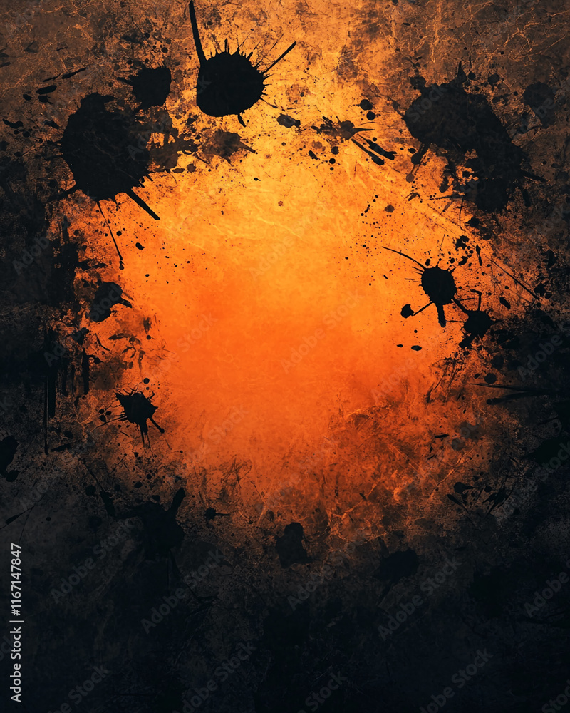 Poster Abstract orange and black paint splatter texture background