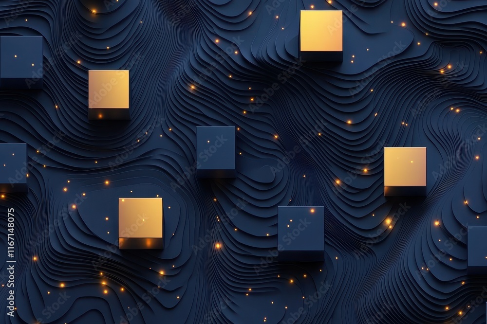 Poster captivating arrangement of geometric shapes on a textured dark surface illuminated by soft glowing e