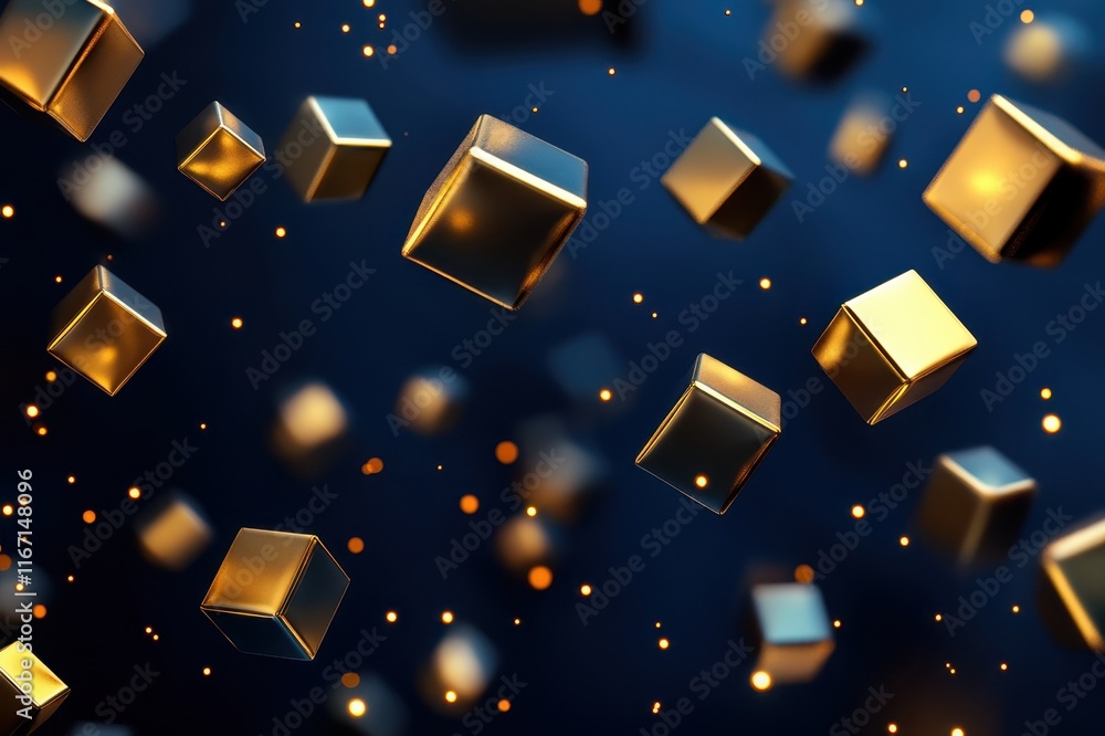 Poster floating golden cubes create a mesmerizing spectacle against a deep blue background filled with spar