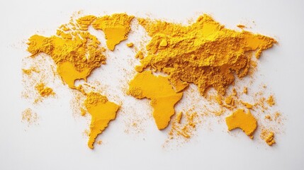 Vibrant world map crafted from bright turmeric powder showcasing global diversity in an artistic presentation