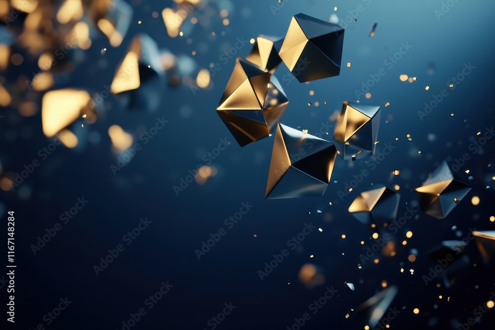 Poster shimmering geometric shapes dance in the ethereal glow of a deep blue background, creating a mesmeri
