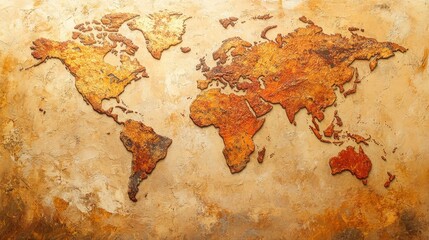 Rustic world map highlighting the continents with earthy tones and textures reflecting age and history