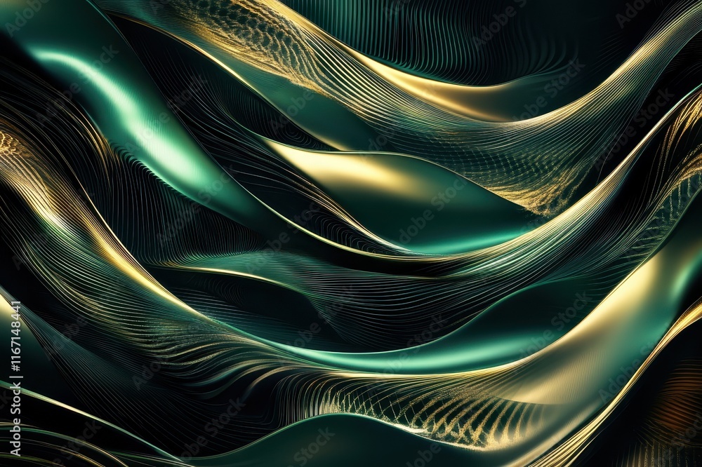 Poster fluid waves of emerald and gold dance gracefully through the dark backdrop in a mesmerizing display 