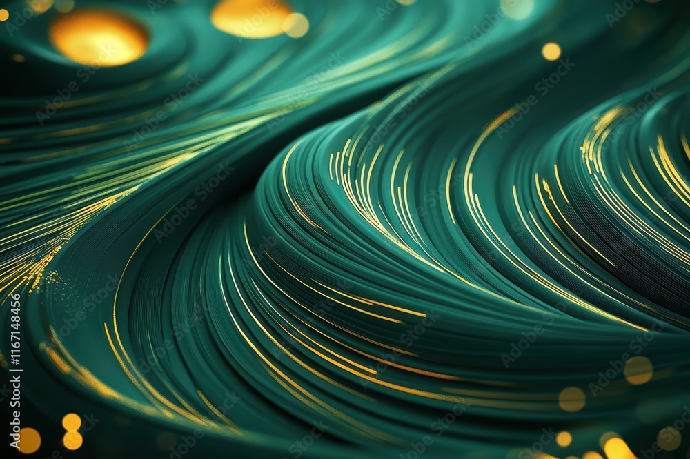 Poster flowing patterns of vibrant teal and golden lights create a stunning visual delight in abstract art.